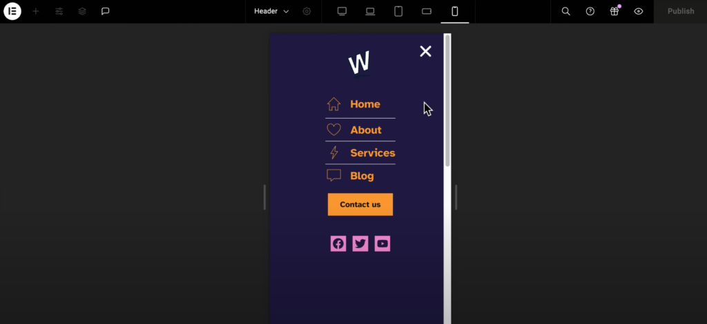 Example of the Elementor off-canvas mobile menu that we will create in the video tutorial