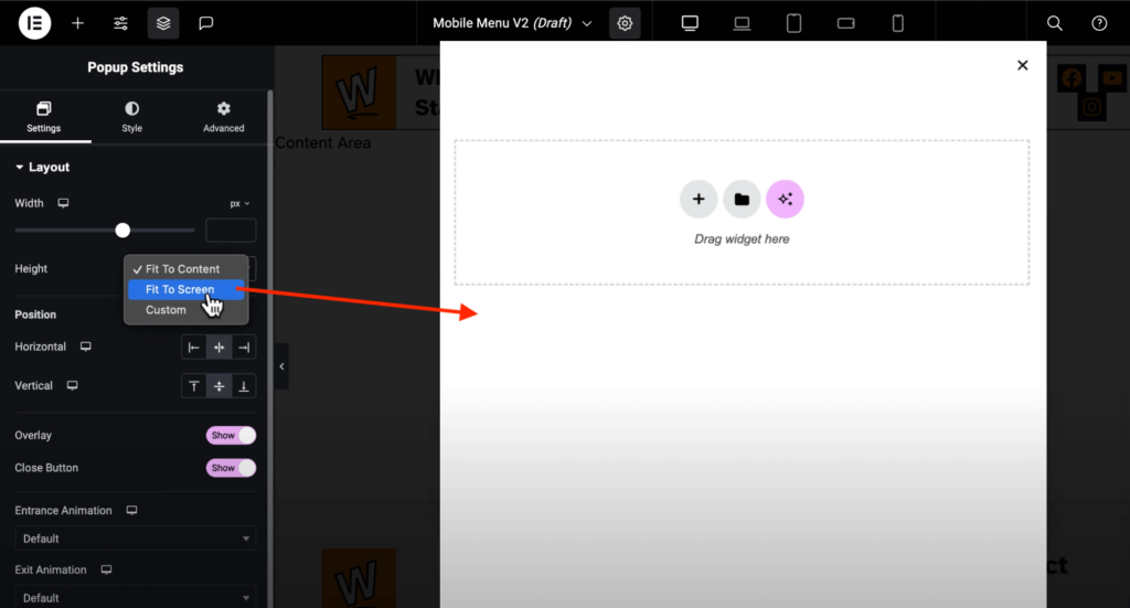 Elementor slide out off canvas mobile menu tutorial settings