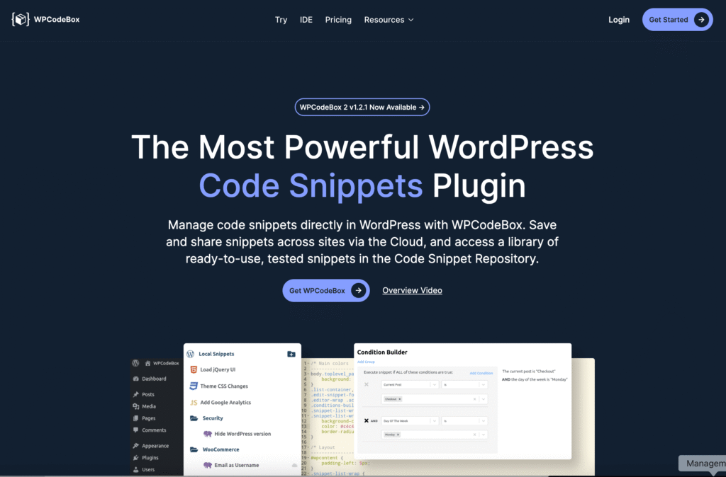 WPCodeBox website home page. The best WordPress code snippet plugin.